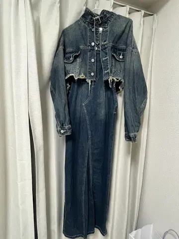 EVRIS 데미지 데님 크롭 자켓 & 롱 스커트 셋업