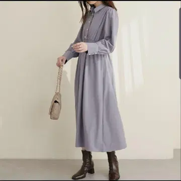 [내추럴 꾸뛰르] 펄 버튼 허리 셔링 셔츠 원피스