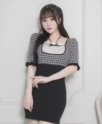 Pium 도리 깅엄 니트 카페 원피스