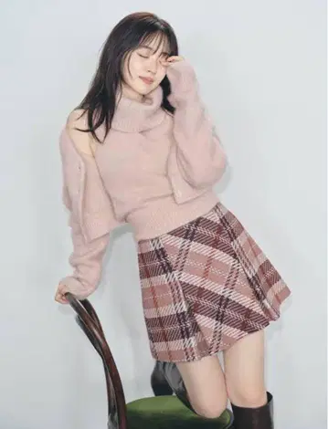 snidel 핑크 체크 무늬 미니 스커트