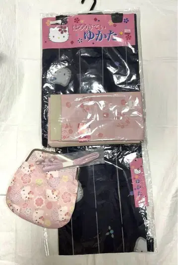 미사용 새상품 성인용 헬로키티 유카타, 반폭 오비, 가마구치 숄더백 세트