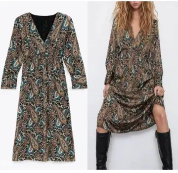 ZARA 택 포함 롱 원피스 페이즐리 무늬 새틴 s
