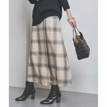 UNITED ARROWS 체크 랩 롱 스커트 베이지 울
