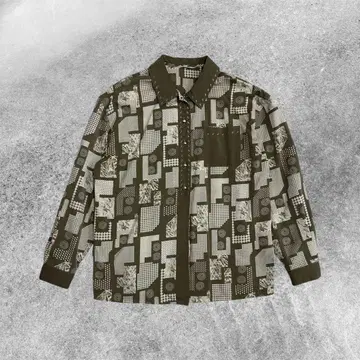 90s 빈티지 올 패턴 셔츠 카키 기하학 레트로 디자인 긴팔 구제 의류