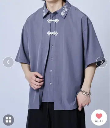 엘르 로제트 자수 레이어드 차이나 셔츠 블루 그레이