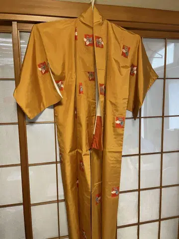 오렌지 컬러 코몬 기모노 새 자수