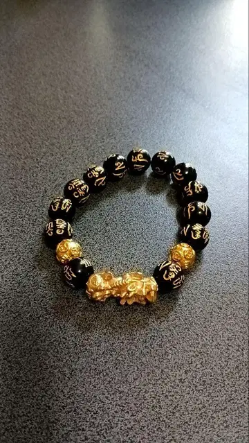 블랙 금 비즈 사자 모티브 티베트 장식 문자 팔찌