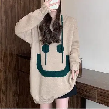 스마일 [베이지] 빅 사이즈 긴팔 착용감 좋은 루즈핏 니트 후드티