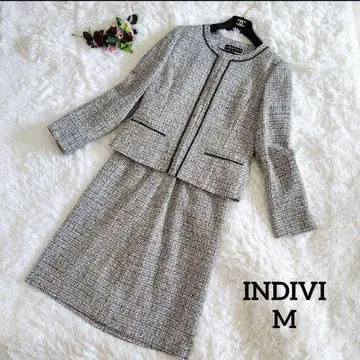 컨디션 최상 INDIVI 셋업 38 트위드 화이트 블랙 노카라