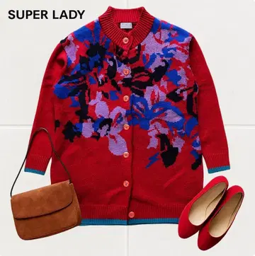 J1072@ SUPER LADY 고급스러운 귀여운 니트 가디건 M 레드