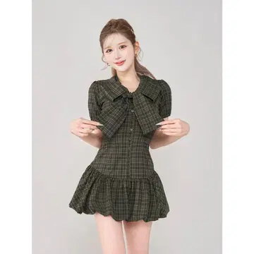 Darich 빅 리본 벌룬 체크 미니 원피스 (다크 그린)