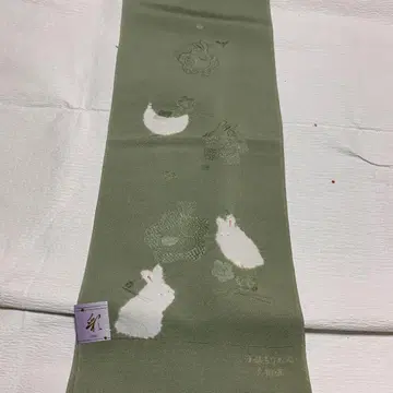 토끼와 꽃 자수의 그린 컬러 오비 장식 천