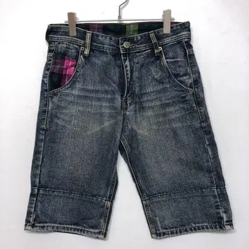 헤이세이 레트로 서프 갸루 남자 구제 의류 체크 무늬 안감 데님 숏팬츠