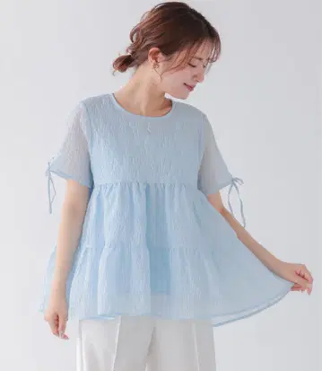 fitmore 핏모아 시어 자카드 소매 리본 티어드 상의 블루