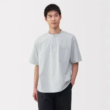 무인양품 냉감 헨리넥 반팔 면 혼방 T셔츠 그레이 스트라이프 XL 사이즈