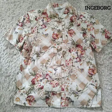 INGEBORG 잉게보그 차이나 셔츠 꽃무늬 x 체크 반팔 L 사이즈