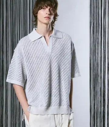 MAISON SPECIAL 그레이 화이트 니트 피케 셔츠