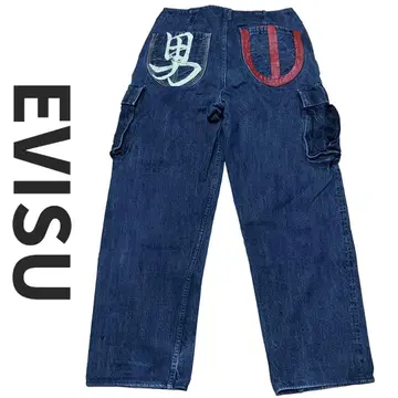EVISU 에비수 남성용 데님 남자 프린트 와이드 팬츠 청바지 빅