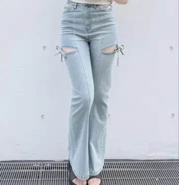 NOMAE 사이드 리본 플레어 데님 S 블루
