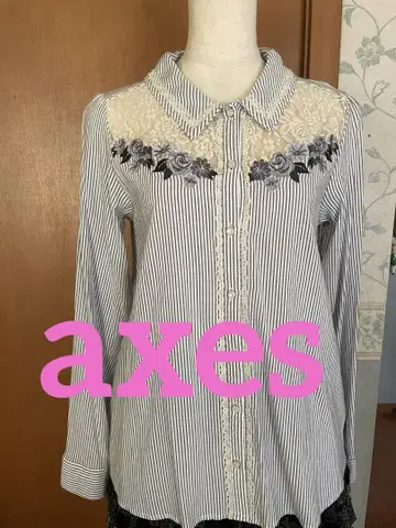 axes 스트라이프 긴팔 셔츠 레이스 자수 블루 액시즈