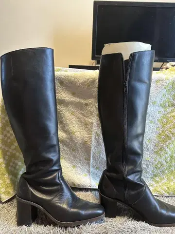 블랙 가죽 롱 부츠 24.0cm