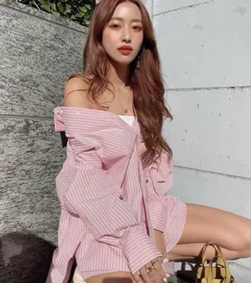eimy 이스토아 오버 셔츠 셋업 핑크 스트라이프
