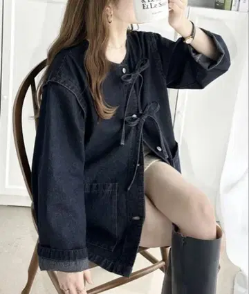 [ JaVa 자바 콜라보 ] 면100% 도킹풍 리본 데님 자켓