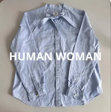 HUMAN WOMAN 리본 타이 셔츠 긴팔 코튼 M 스카이블루