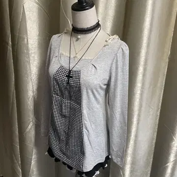 티셔츠 체크 무늬 절개 레이스 리본 모리걸 페어리 그런지