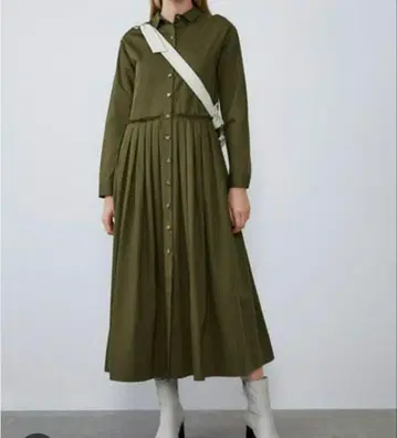 자라 허리 턱 셔츠 원피스 롱 카키