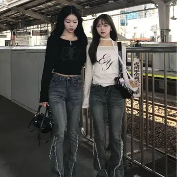 emmy 프린지 디자인 플레어 데님 팬츠