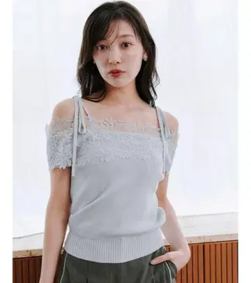 SNIDEL 레이스 콤비 하프 슬리브 니트 풀오버