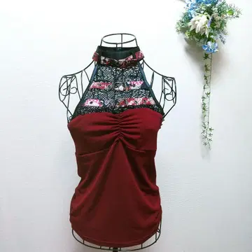 버건디 하이넥 탱크탑 꽃무늬 락 a0505