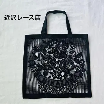 치카자와 레이스점 블랙 메쉬 꽃무늬 레이스 에코백
