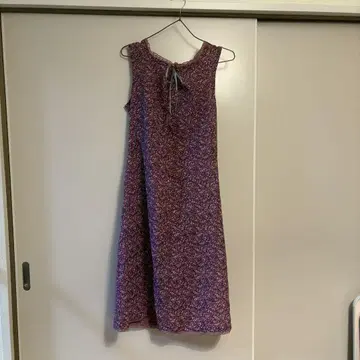 구제 의류 vintage 보라색 꽃무늬 리본 슬리브리스 무릎 기장 원피스