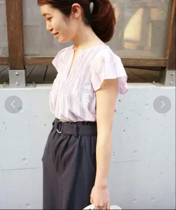 IENA 연보라 스트라이프 프릴 반팔 상의