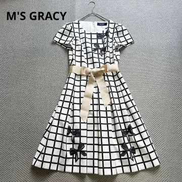 새상품급 M'S GRACY 반팔 원피스 벨트 리본 체크 플레어 SM