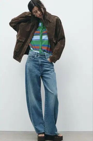 ZARA TRF 하이웨스트 와이드 레그 크로스 벨트 청바지
