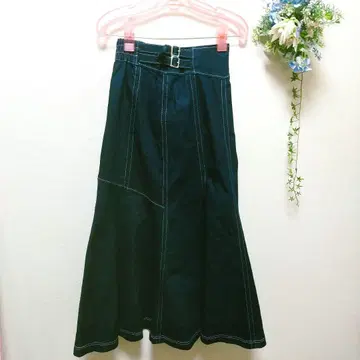 다크 블루 플레어 데님 롱 스커트 벨트 a0508