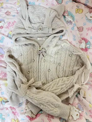 LIZLISA 토끼 귀 크롭 니트 후드티 핑크