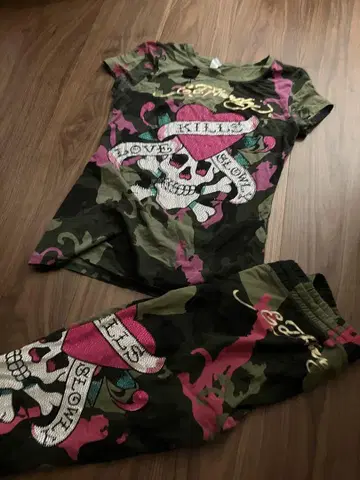 Ed hardy 카모 패턴 스컬 하트 셋업 xl y2kgal