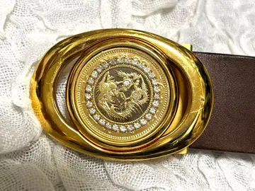 [ 거의 미사용 ] 드래곤 골드 컬러 버클 천연 가죽 벨트 98cm
