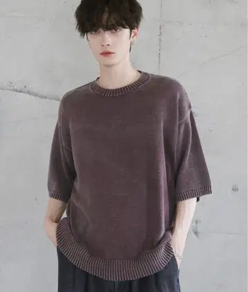 [ ETELIO ] 피그먼트 가공 천축 편직 반팔 크루넥 니트