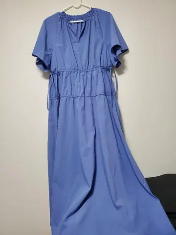 허리밴딩 파랑 롱 원피스 반팔