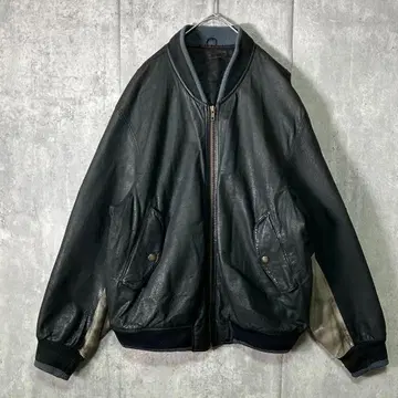 백 자수 짧은 기장 천연 가죽 자켓 블랙 투톤 빈티지