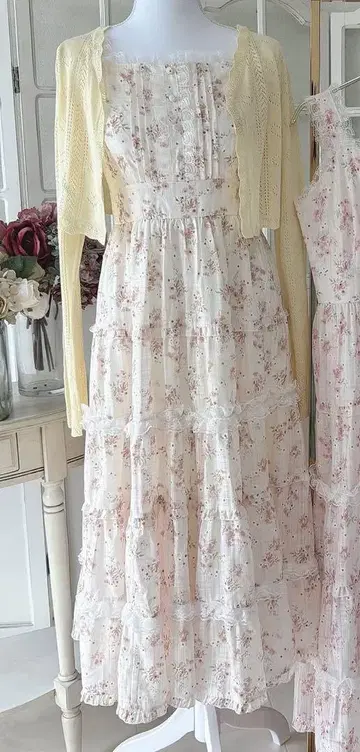 에블린 evelyn 레이스 프릴 티어드 OP 오렌지 플라워 프린트