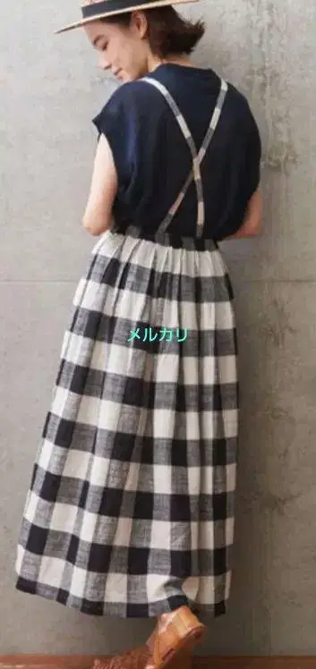 팰리시 슬라브 BIG 깅엄 멜빵 스커트 네이비