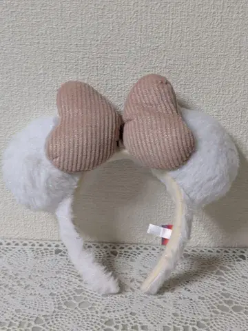 디즈니랜드 미니 머리띠 화이트 퍼 베이지 리본