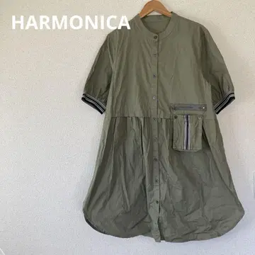 하모니카 반팔 버튼업 셔츠 원피스 올리브색 밴드 카라 M