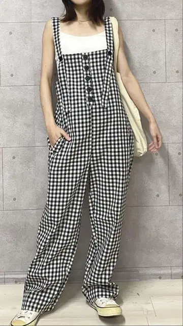 체크 무늬 살로펫 오버롤